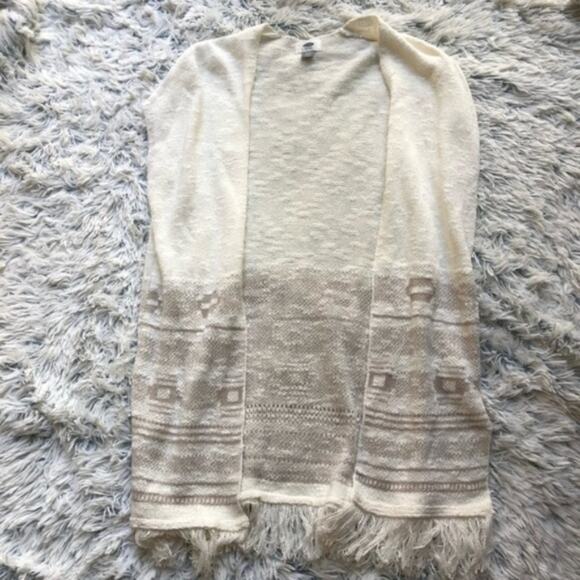 Old Navy White Tone Fringe Long Bohemian Knit Cardigan - Picture 3 of 7